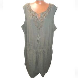 Breathless Beaded Wide Leg Romper Plus Sz 3X V-Neck Tassel Tie Green Crinkle Nwt